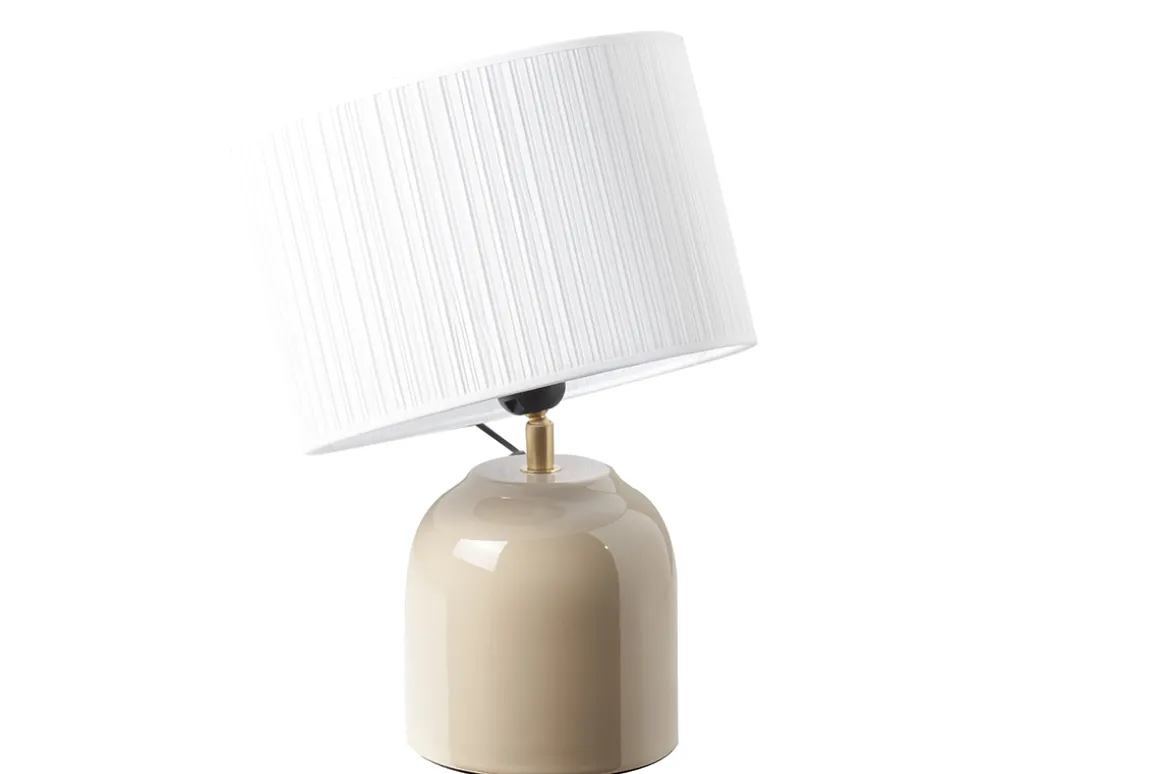 Miliboo Lampe À Poser|Lampe À Poser-Lampe à poser taupe en céramique brillante et abat-jour en tissu plissé blanc H35 cm PIEGA