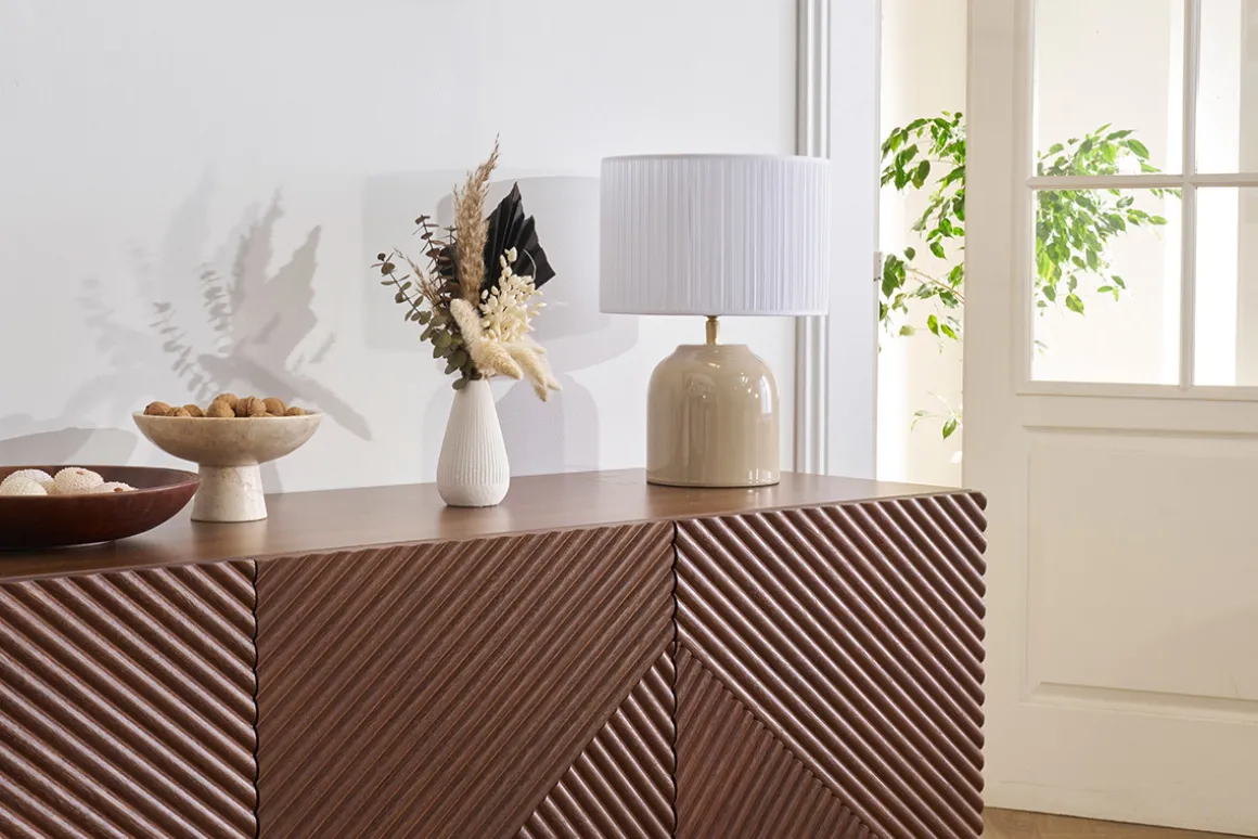 Miliboo Lampe À Poser|Lampe À Poser-Lampe à poser taupe en céramique brillante et abat-jour en tissu plissé blanc H35 cm PIEGA