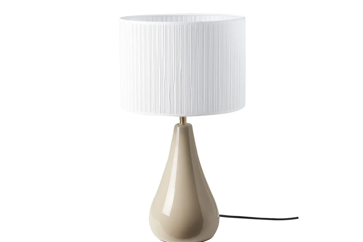 Miliboo Lampe À Poser|Lampe À Poser-Lampe à poser taupe en céramique brillante et abat-jour en tissu plissé blanc H49 cm TROIA