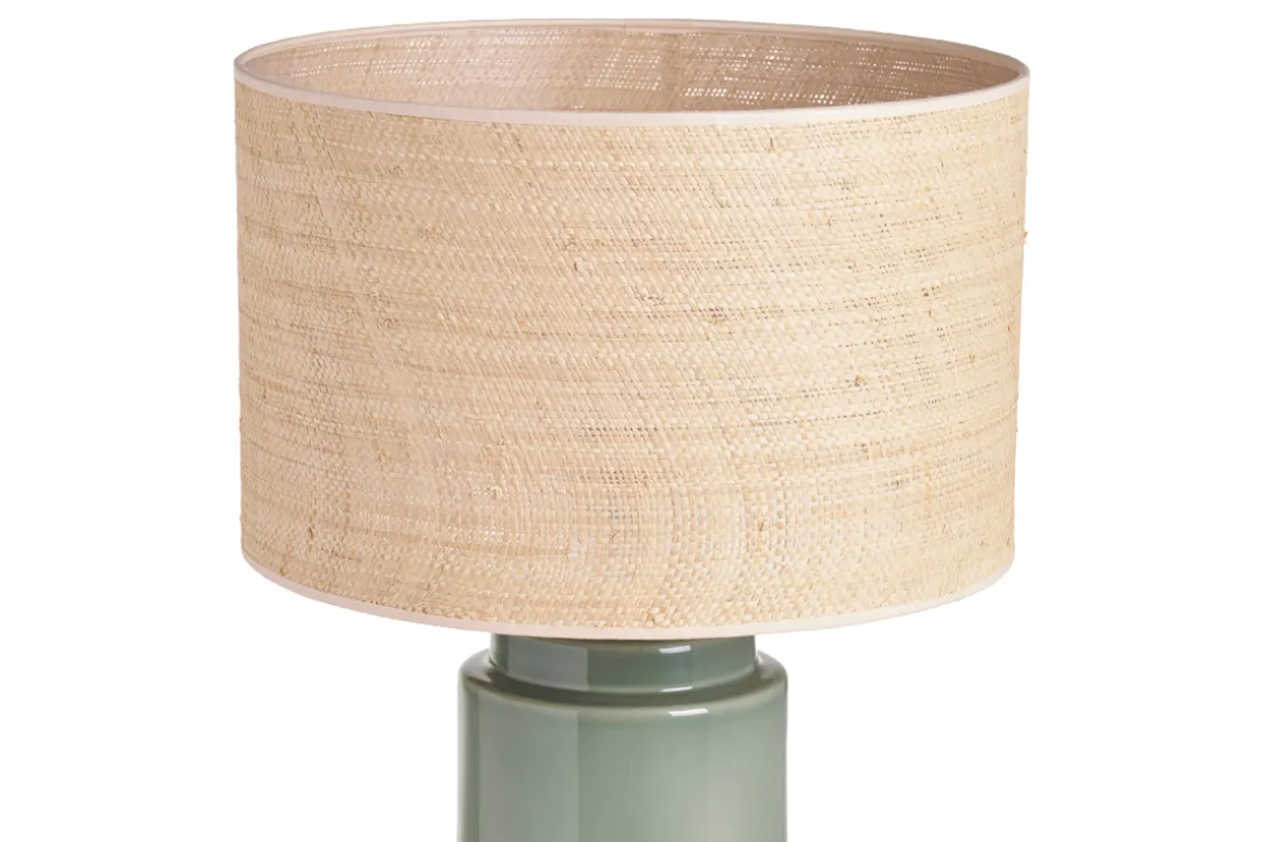 Miliboo Lampe À Poser|Lampe À Poser-Lampe à poser verte en céramique et abat-jour en rabane H64 cm MAJES