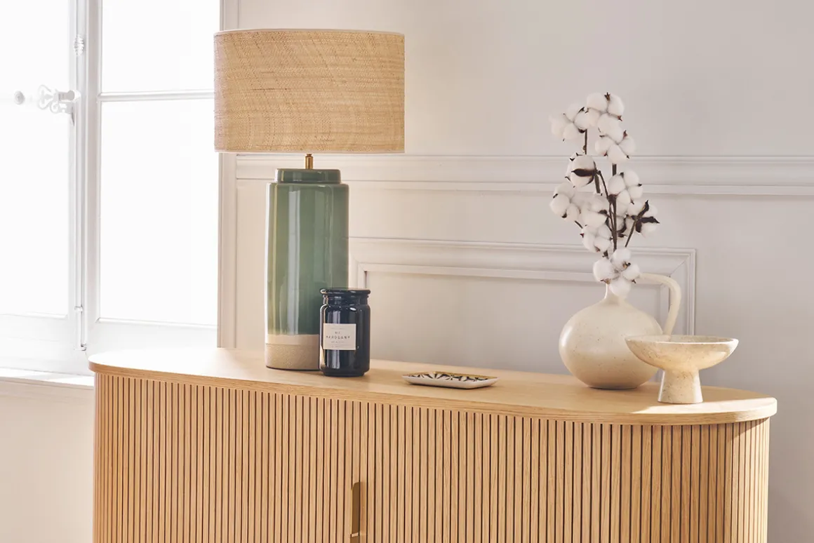 Miliboo Lampe À Poser|Lampe À Poser-Lampe à poser verte en céramique et abat-jour en rabane H64 cm MAJES