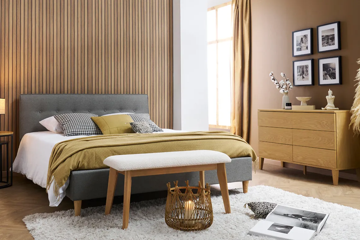 Miliboo Lit Adulte-Lit 2 places 160x200 cm avec tête de lit en tissu gris clair LEONCE