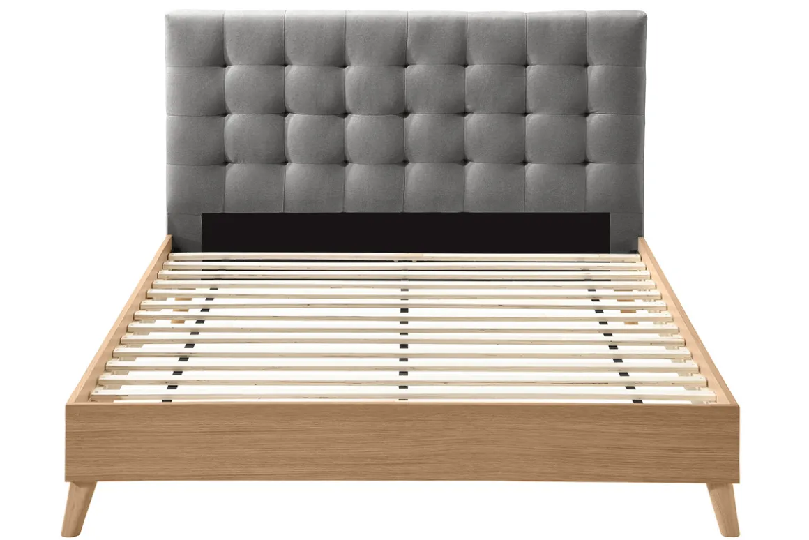 Miliboo Lit Adulte-Lit 2 places 160x200 cm en bois et tissu gris capitonné LYNN