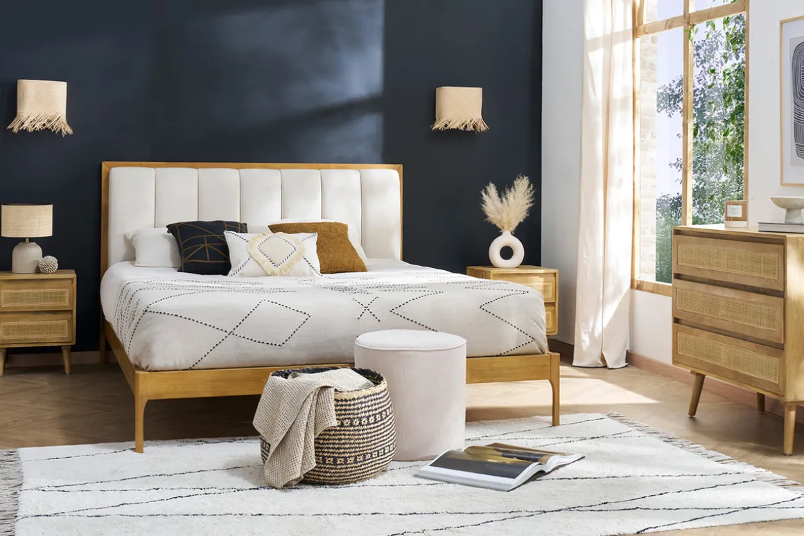 Miliboo Lit Adulte-Lit 2 places 160x200 cm en bois clair et tissu gris clair RONN