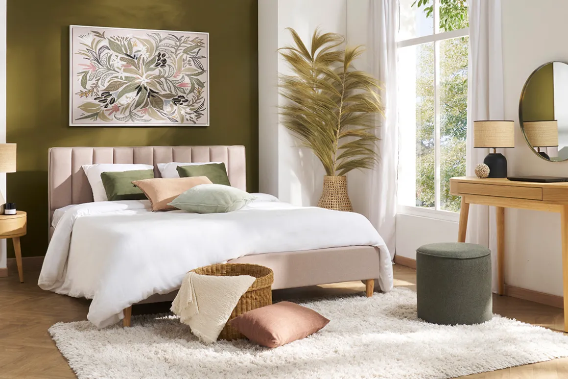 Miliboo Lit Adulte-Lit 2 places 160x200 cm en tissu beige DIANE