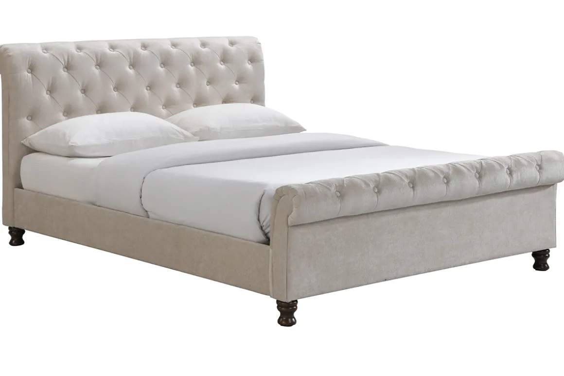 Miliboo Lit Adulte-Lit 2 places 160x200 cm en tissu velours beige capitonné RILEY