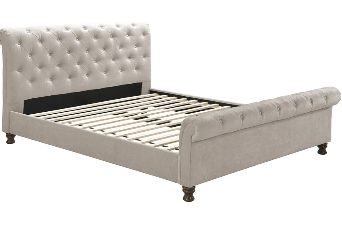 Miliboo Lit Adulte-Lit 2 places 160x200 cm en tissu velours beige capitonné RILEY