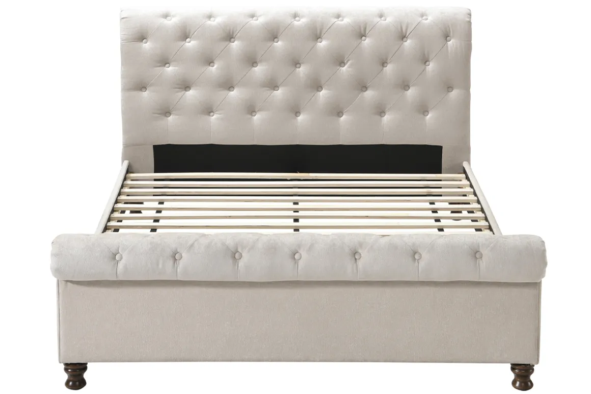 Miliboo Lit Adulte-Lit 2 places 160x200 cm en tissu velours beige capitonné RILEY