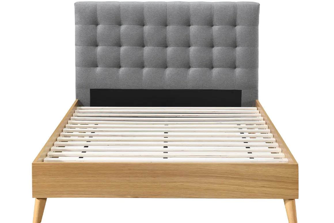 Miliboo Lit Adulte-Lit 2 places 140x200cm en bois et tissu gris capitonné LYNN