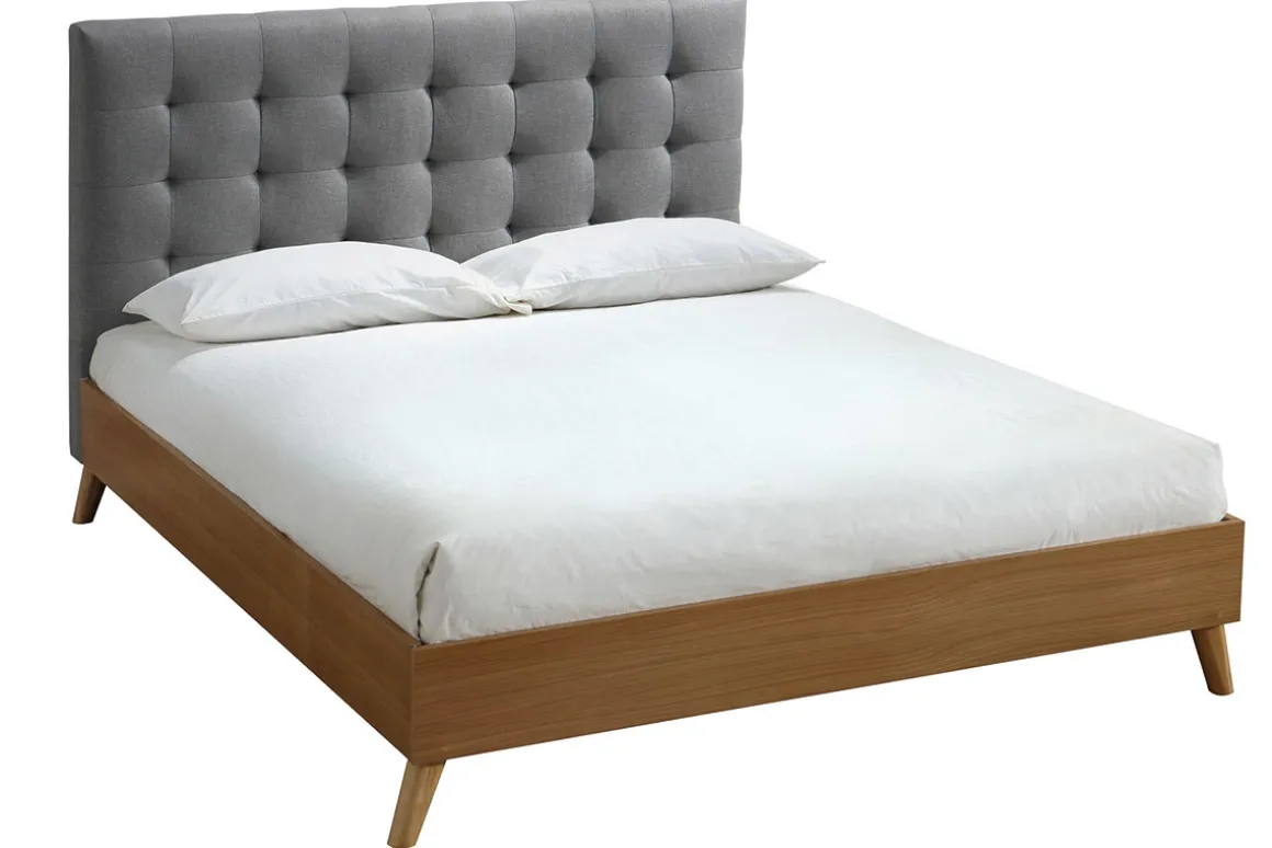 Miliboo Lit Adulte-Lit 2 places 140x200cm en bois et tissu gris capitonné LYNN