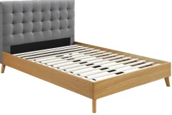 Miliboo Lit Adulte-Lit 2 places 140x200cm en bois et tissu gris capitonné LYNN