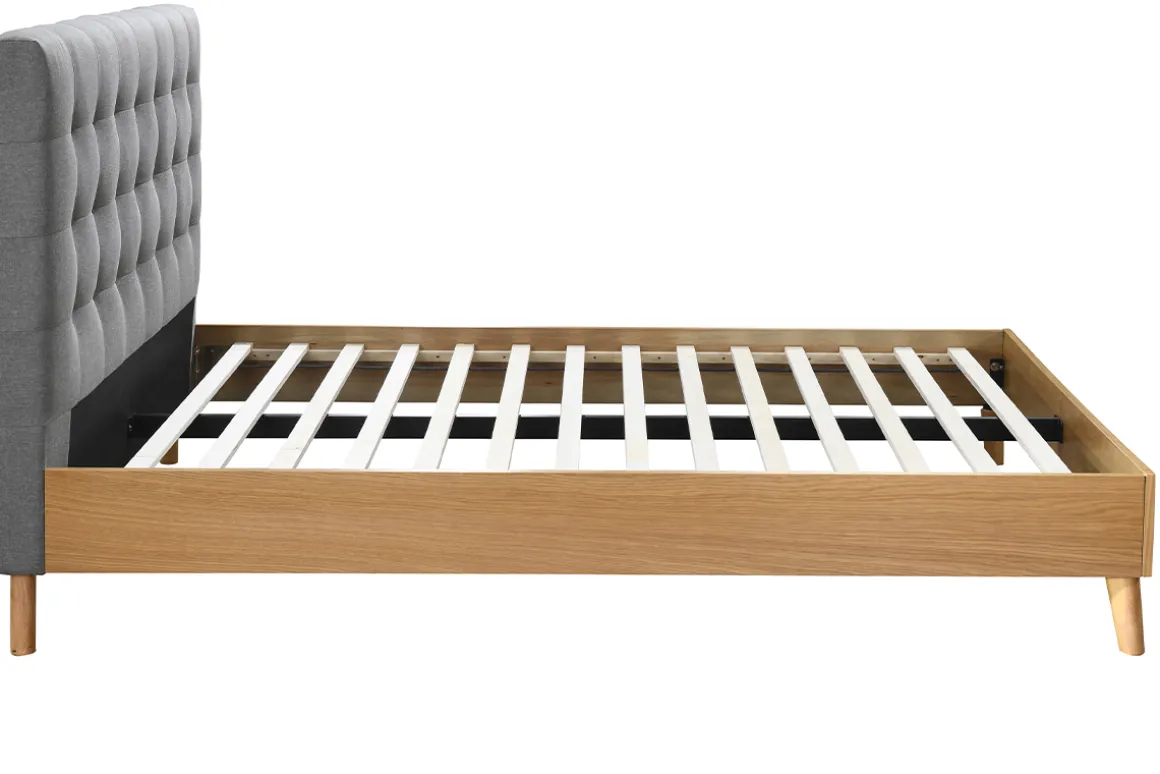 Miliboo Lit Adulte-Lit 2 places 140x200cm en bois et tissu gris capitonné LYNN