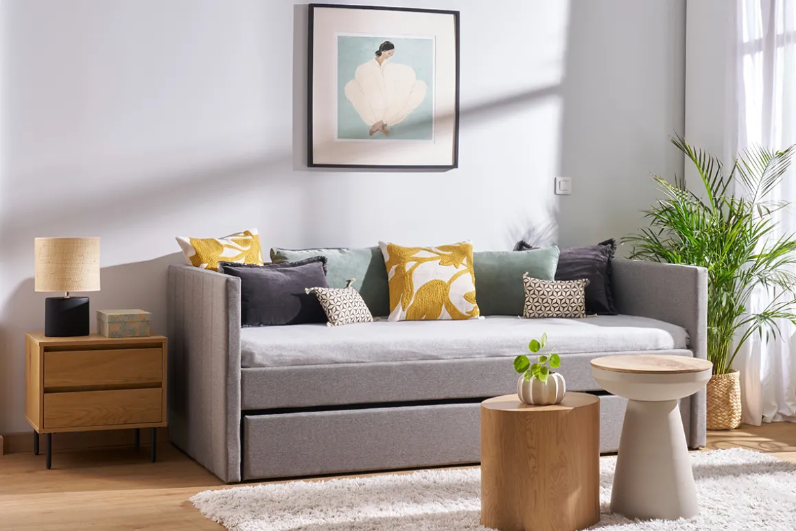 Miliboo Lit Adulte|Lit Enfant-Lit gigogne en tissu gris 90x190 cm ELIE