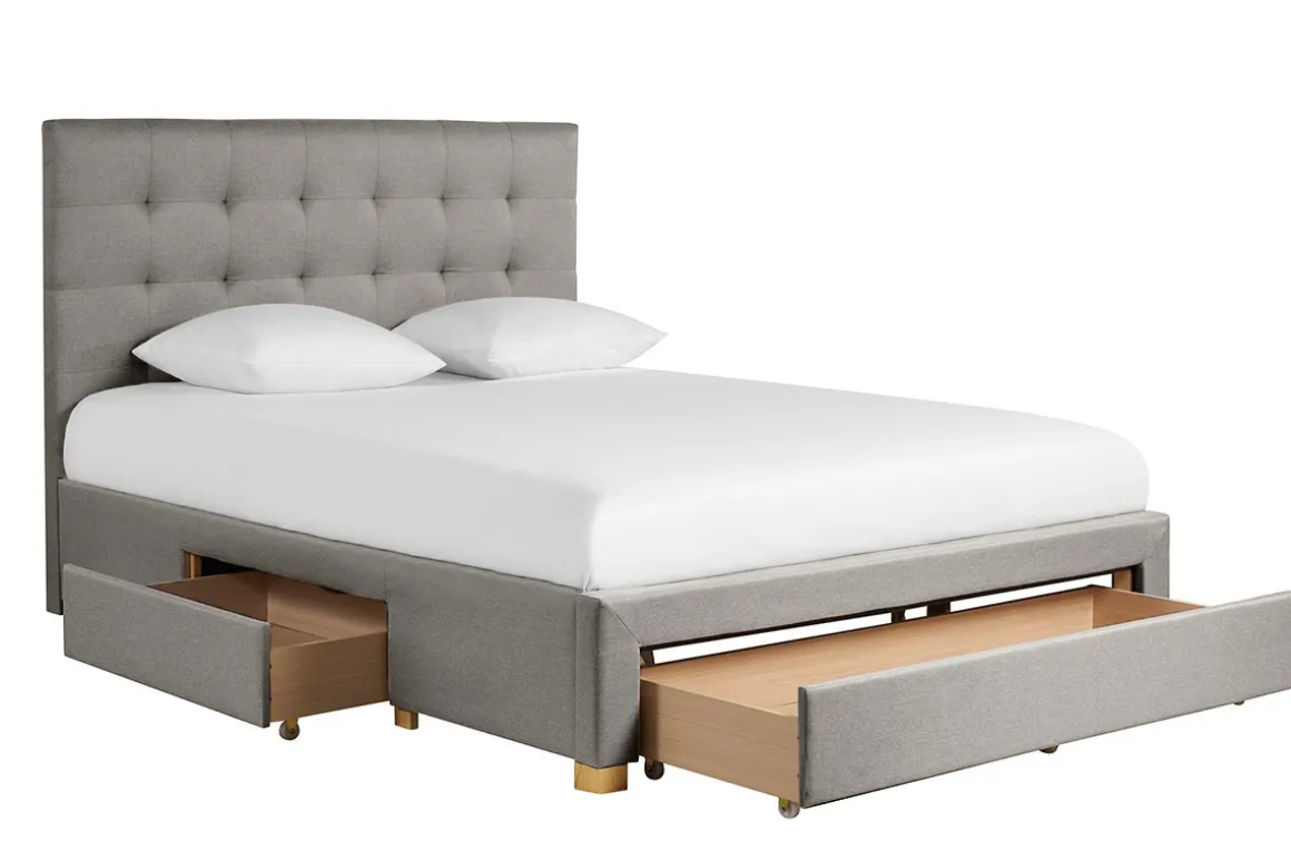 Miliboo Lit Adulte-Lit tiroir 2 places 160x200 cm en tissu gris clair RENO