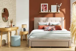 Miliboo Lit Adulte-Lit tiroirs 2 places 160x200 cm en tissu beige RENO