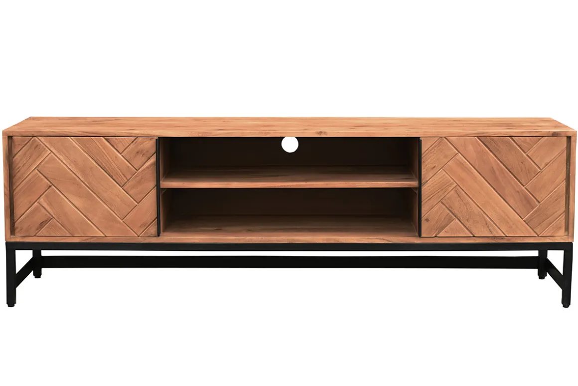 Miliboo Meuble Tv Design-Meuble TV à motifs chevrons en bois massif et métal noir L158 cm STICK
