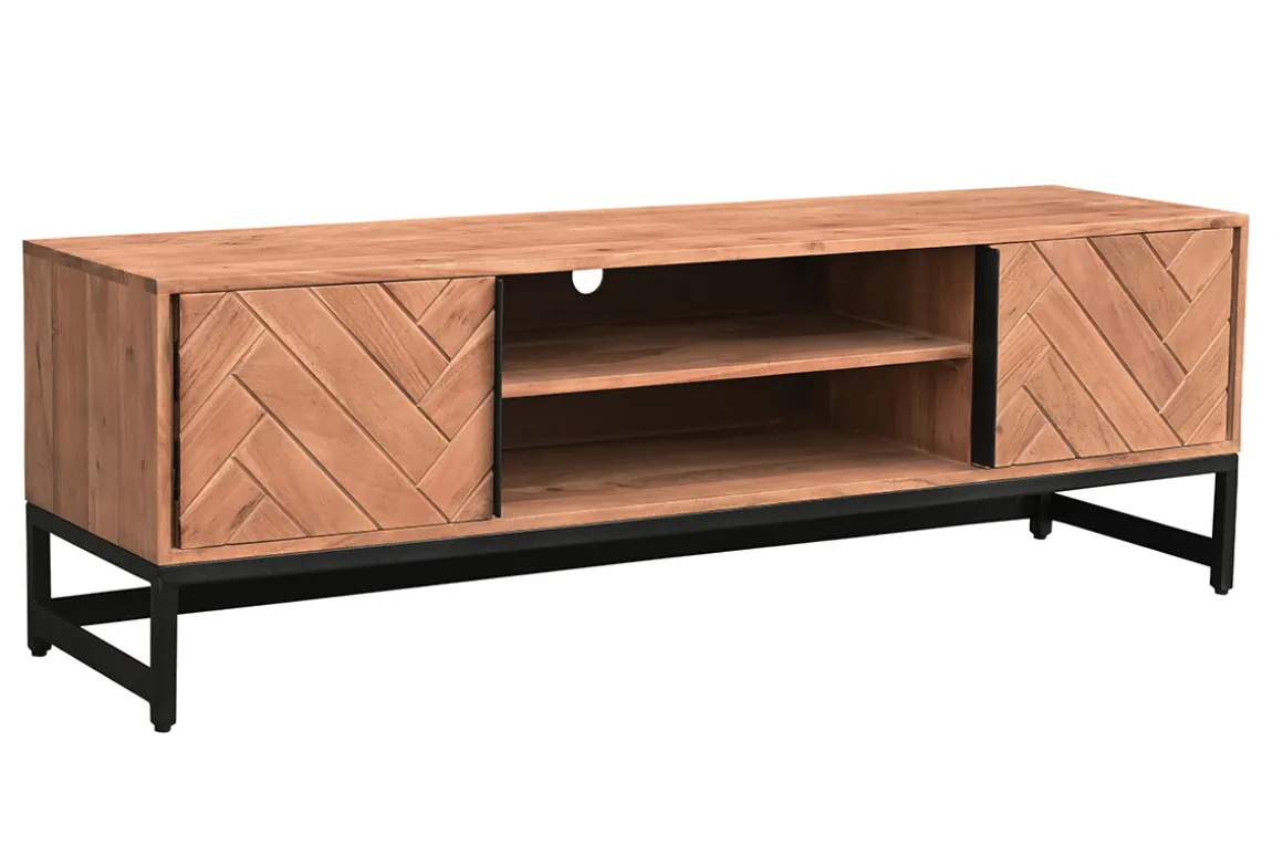 Miliboo Meuble Tv Design-Meuble TV à motifs chevrons en bois massif et métal noir L158 cm STICK