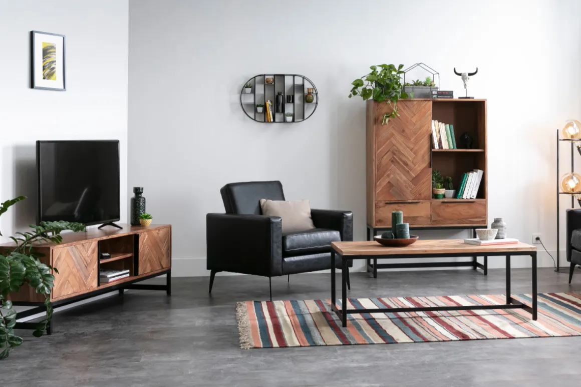 Miliboo Meuble Tv Design-Meuble TV à motifs chevrons en bois massif et métal noir L158 cm STICK