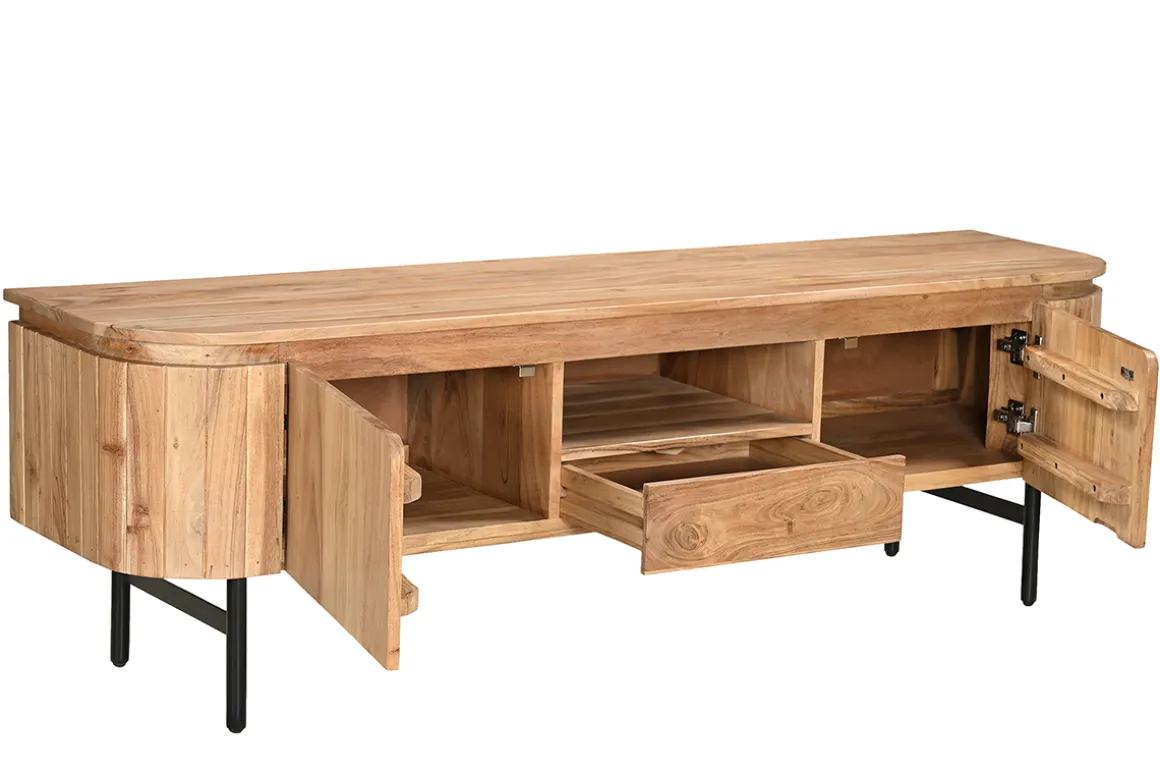 Miliboo Meuble Tv Design-Meuble TV avec rangements en bois massif et métal noir L160 cm NAPOLI