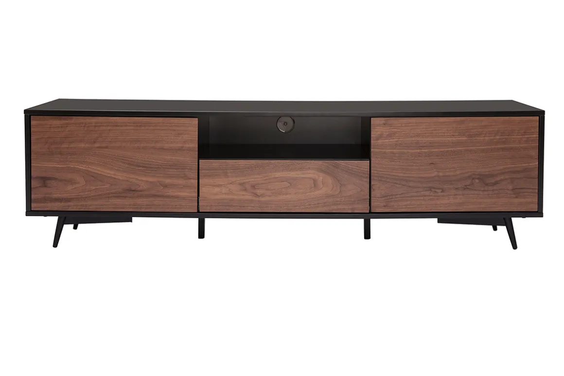 Miliboo Meuble Tv Design-Meuble TV bois foncé noyer, noir mat et métal noir 2 portes 1 tiroir L160 cm MERMOZ
