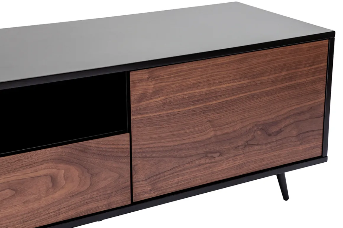 Miliboo Meuble Tv Design-Meuble TV bois foncé noyer, noir mat et métal noir 2 portes 1 tiroir L160 cm MERMOZ