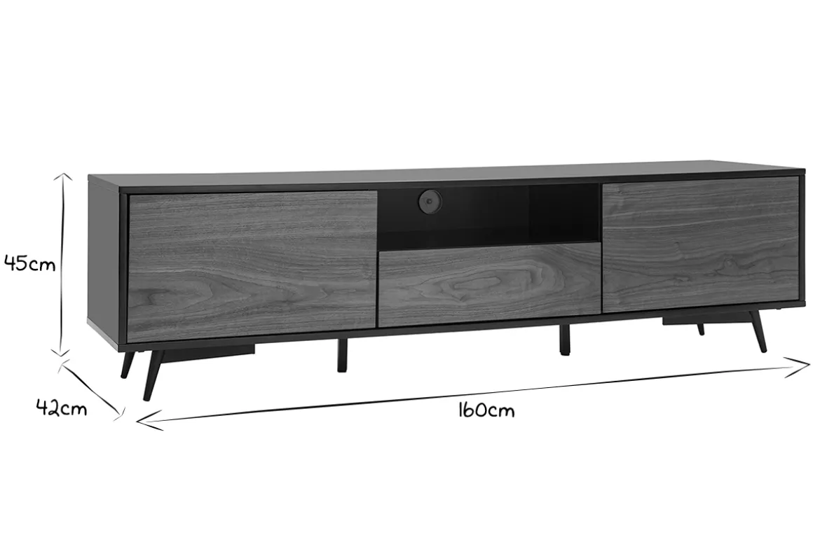 Miliboo Meuble Tv Design-Meuble TV bois foncé noyer, noir mat et métal noir 2 portes 1 tiroir L160 cm MERMOZ