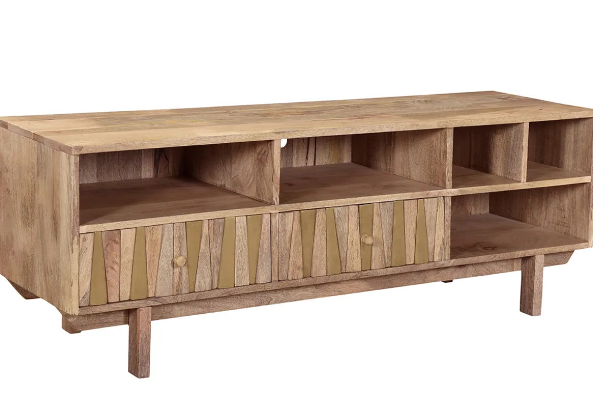 Miliboo Meuble Tv Design-Meuble TV design en bois manguier massif et détails dorés L140 cm ZAIKA