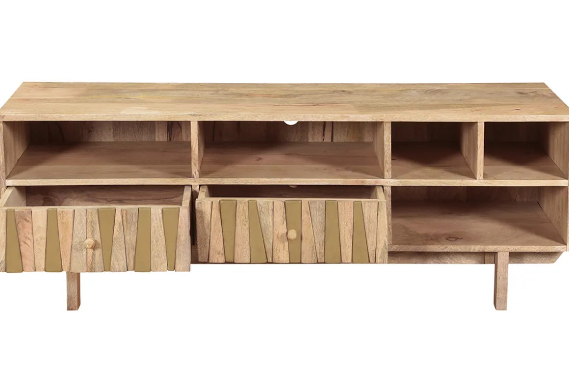 Miliboo Meuble Tv Design-Meuble TV design en bois manguier massif et détails dorés L140 cm ZAIKA