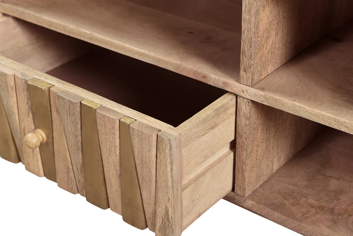 Miliboo Meuble Tv Design-Meuble TV design en bois manguier massif et détails dorés L140 cm ZAIKA