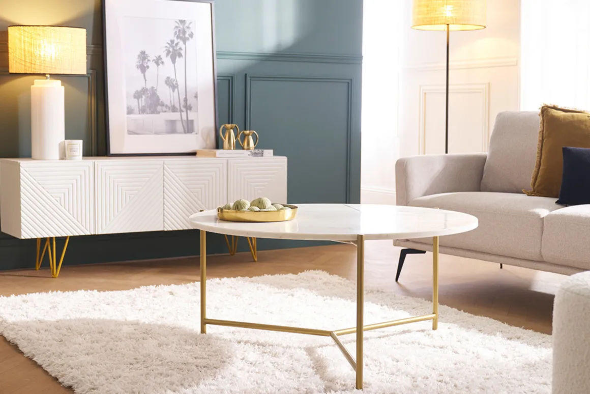 Miliboo Meuble Tv Design-Meuble TV design gravé blanc et métal doré L140 cm OZEN