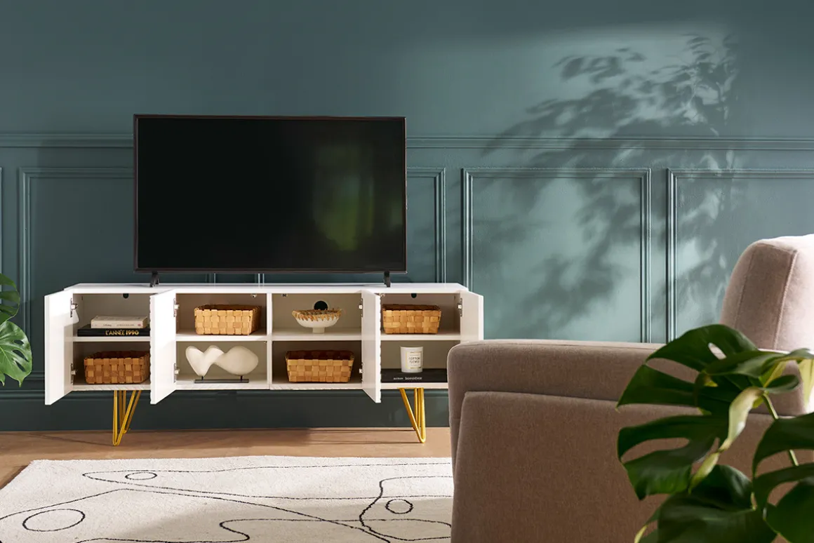 Miliboo Meuble Tv Design-Meuble TV design gravé blanc et métal doré L140 cm OZEN
