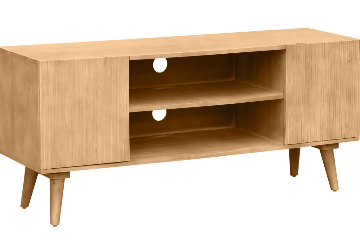 Miliboo Meuble Tv Design-Meuble TV en bois clair manguier massif gravé 2 portes L135 cm RUBIA