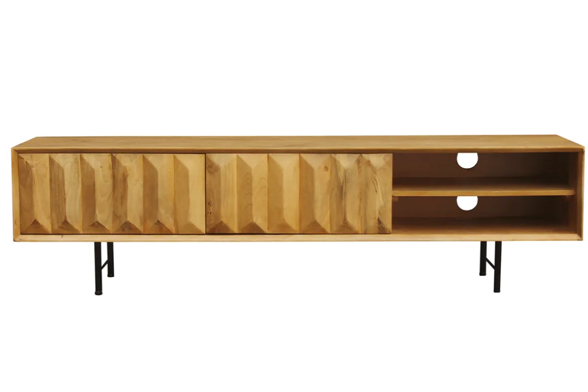 Miliboo Meuble Tv Design-Meuble TV en bois clair manguier massif gravé L160 cm AGRA