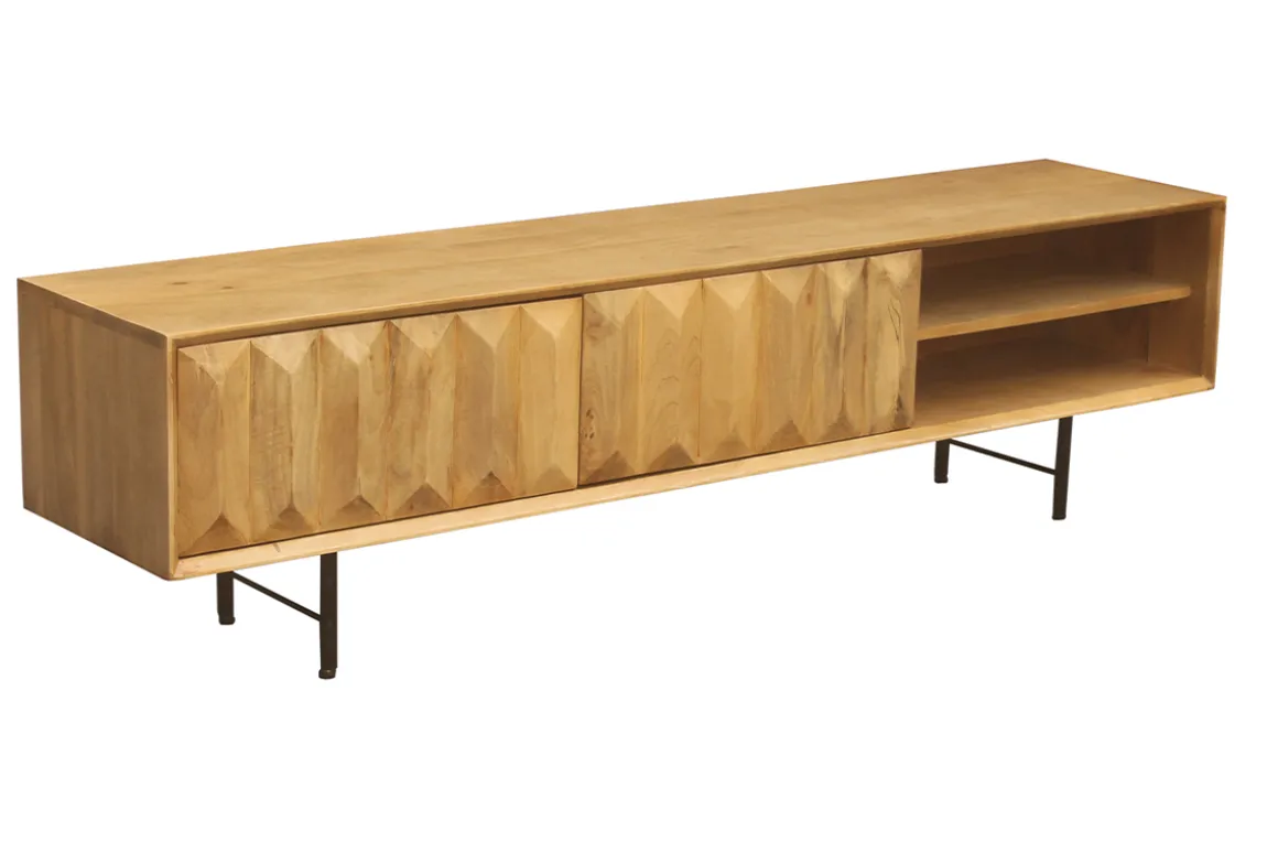 Miliboo Meuble Tv Design-Meuble TV en bois clair manguier massif gravé L160 cm AGRA