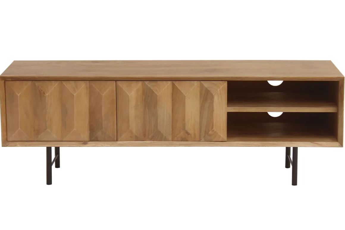 Miliboo Meuble Tv Design-Meuble TV en bois clair manguier massif gravé et métal noir L120 cm AGRA