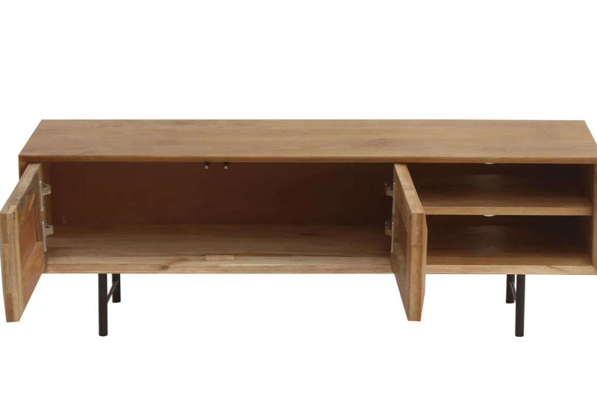 Miliboo Meuble Tv Design-Meuble TV en bois clair manguier massif gravé et métal noir L120 cm AGRA