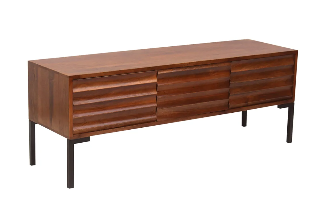 Miliboo Meuble Tv Design-Meuble TV en bois foncé manguier massif et métal noir 3 portes L120 cm ONDA