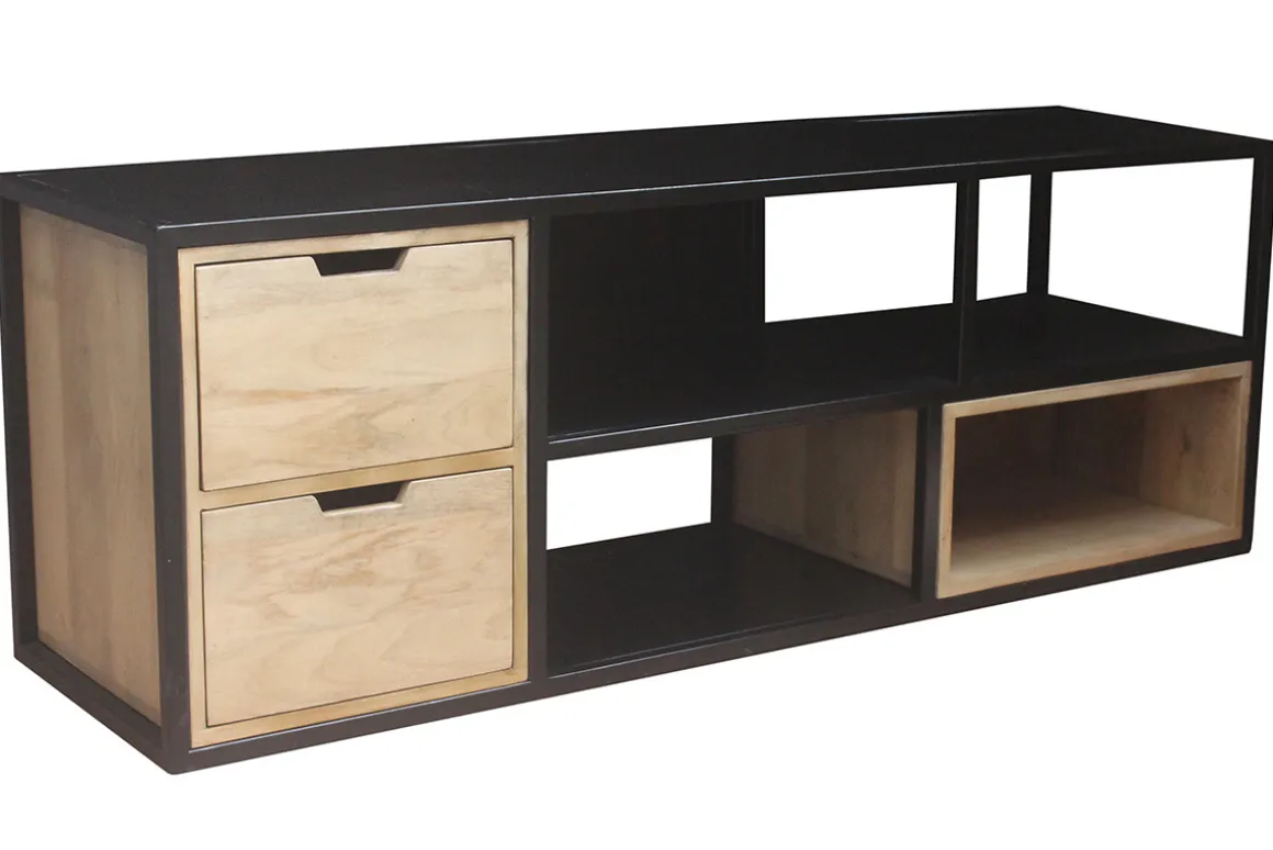 Miliboo Meuble Tv Design-Meuble TV en bois manguier massif et métal noir L140 cm JAIPUR