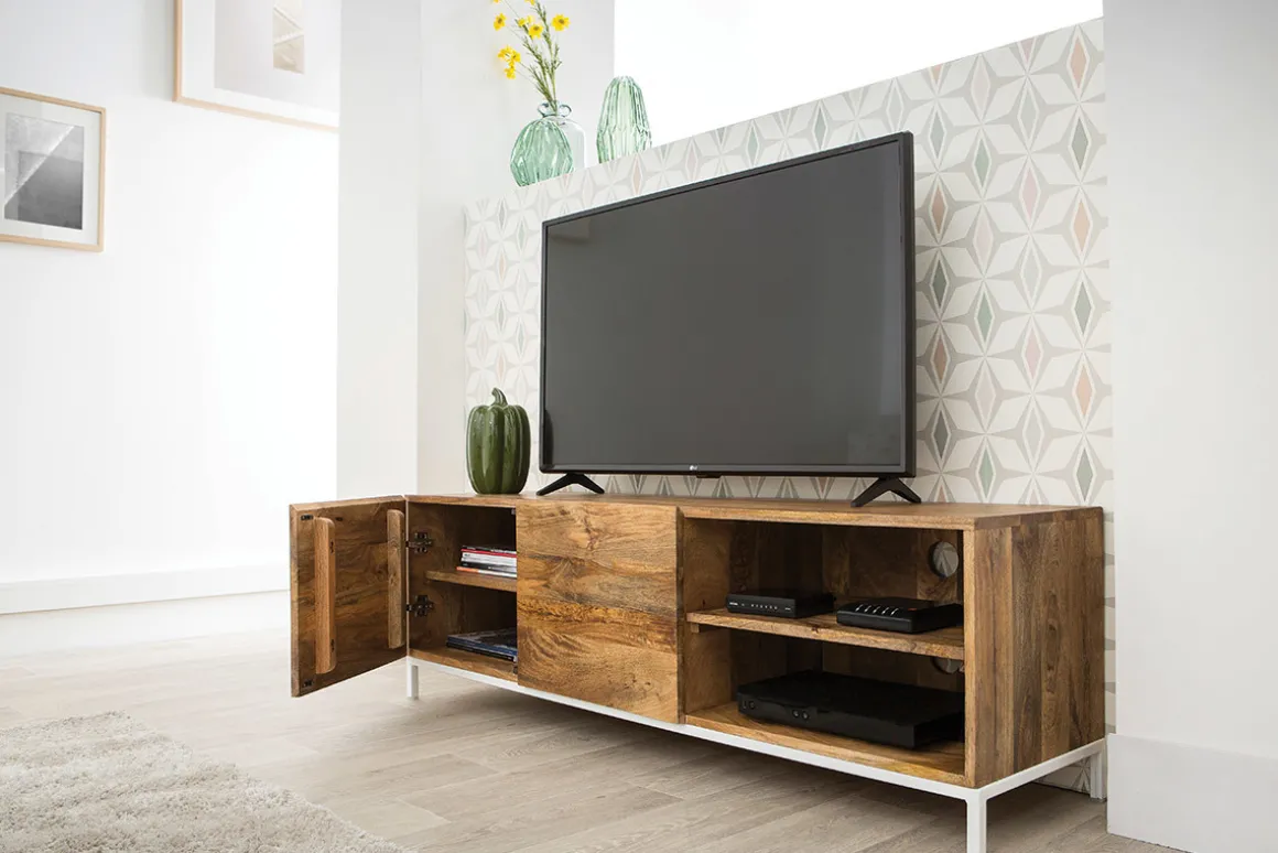 Miliboo Meuble Tv Design-Meuble TV en bois manguier massif et métal blanc 145cm BOHO
