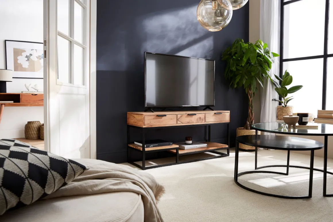 Miliboo Meuble Tv Design-Meuble TV en bois massif et métal noir L115 cm WARREN