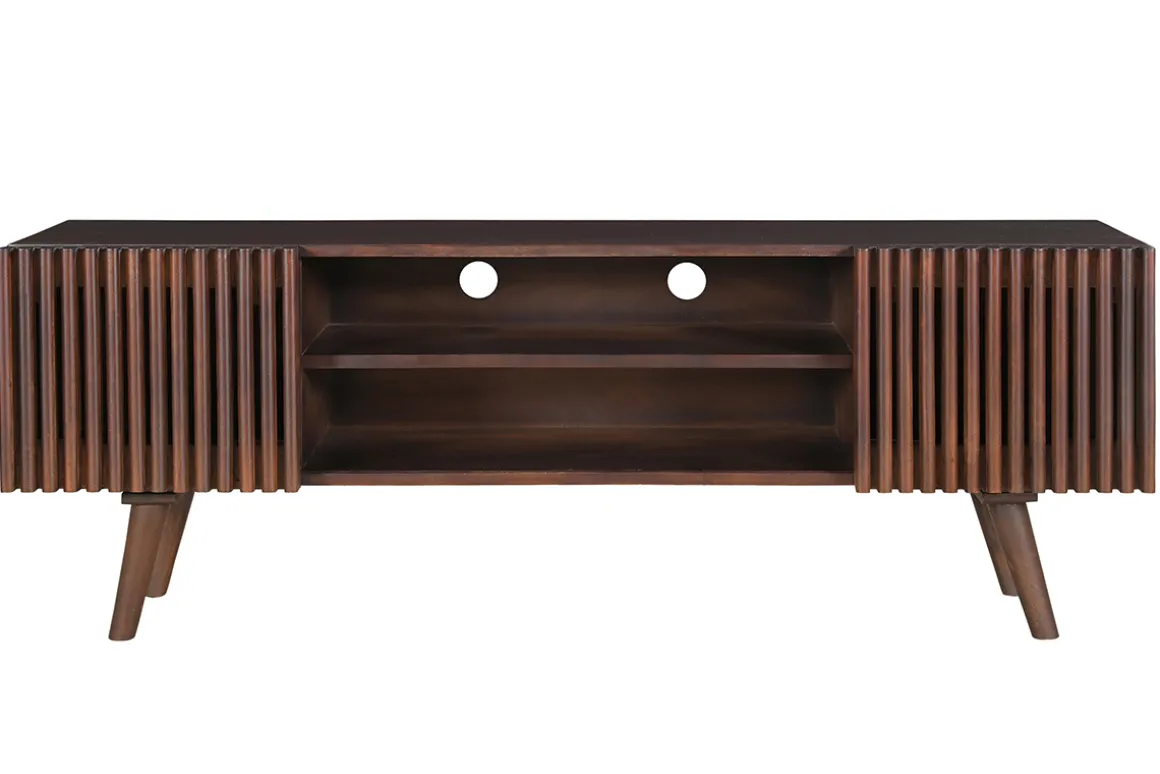 Miliboo Meuble Tv Design-Meuble TV en manguier massif teinté bois foncé avec portes coulissantes L140 cm ALBA