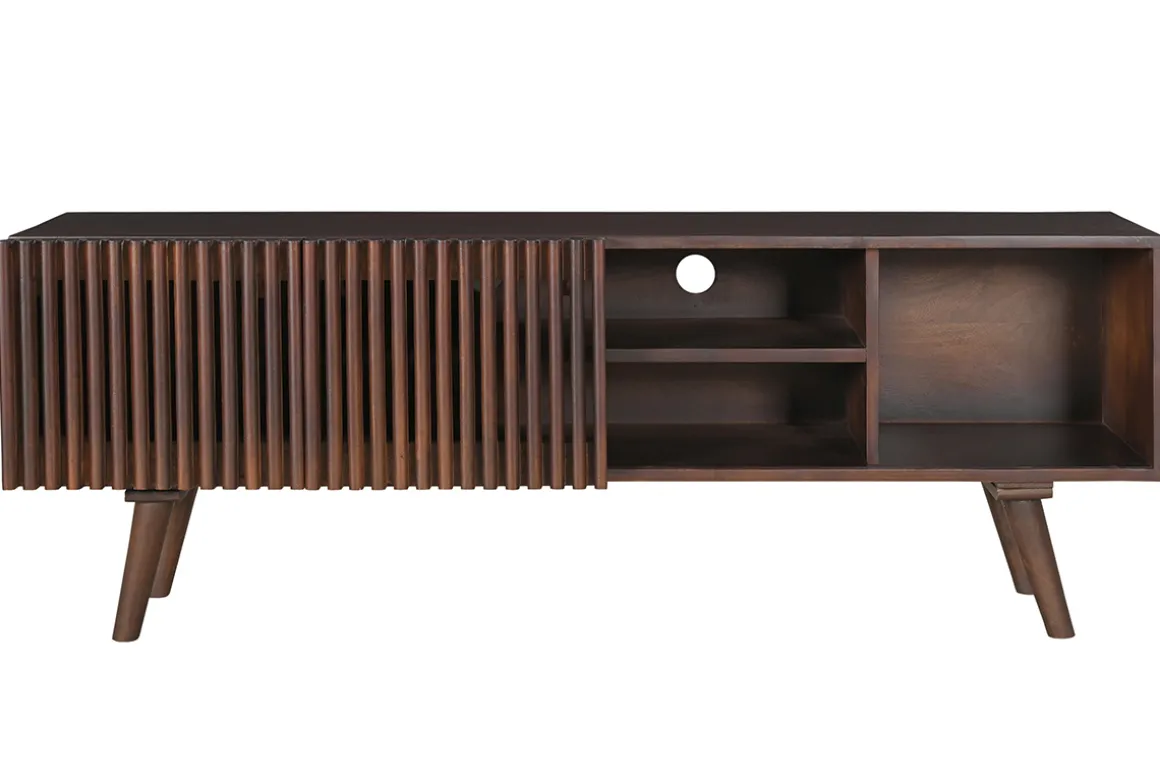 Miliboo Meuble Tv Design-Meuble TV en manguier massif teinté bois foncé avec portes coulissantes L140 cm ALBA