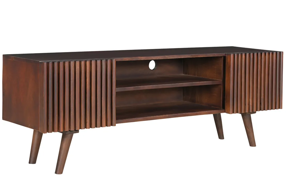 Miliboo Meuble Tv Design-Meuble TV en manguier massif teinté bois foncé avec portes coulissantes L140 cm ALBA