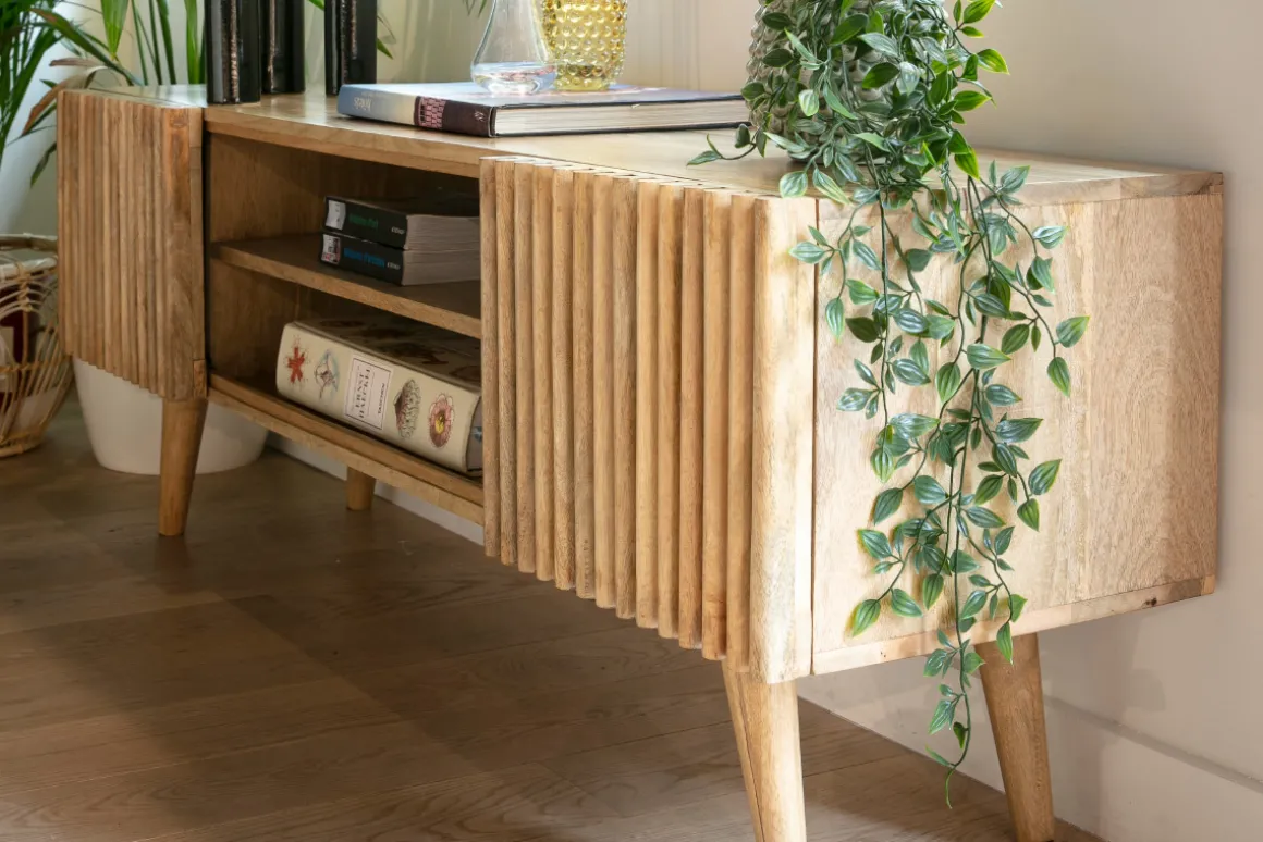 Miliboo Meuble Tv Design-Meuble TV en manguier massif teinté bois foncé avec portes coulissantes L140 cm ALBA