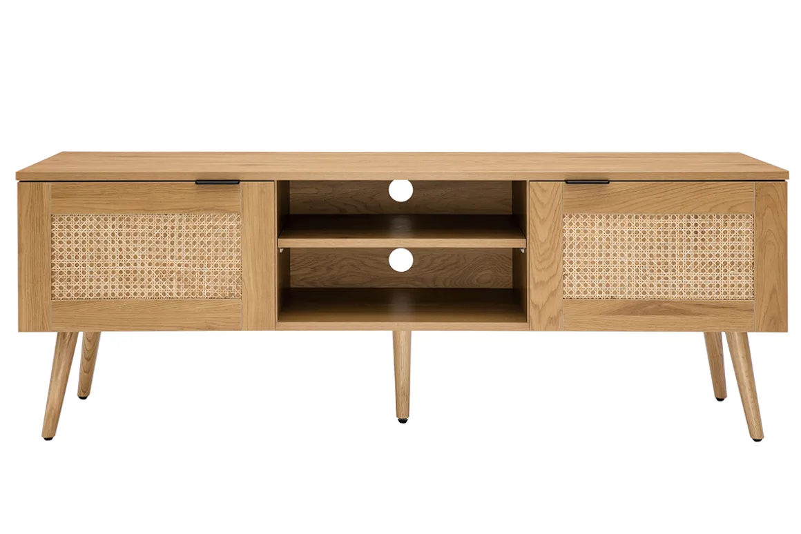 Miliboo Meuble Tv Design-Meuble TV finition bois clair, cannage rotin et métal noir 2 portes L140 cm MANILLE
