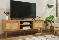 Miliboo Meuble Tv Design-Meuble TV finition bois clair, cannage rotin et métal noir 2 portes L140 cm MANILLE