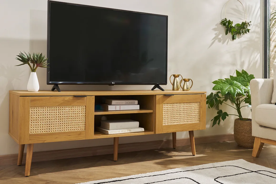 Miliboo Meuble Tv Design-Meuble TV finition bois clair, cannage rotin et métal noir 2 portes L140 cm MANILLE