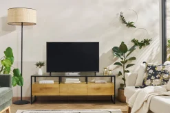 Miliboo Meuble Tv Design-Meuble TV rectangulaire avec rangements en bois manguier massif, verre et métal noir L150 cm DIYA