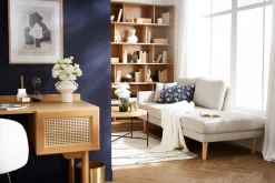 Miliboo Canapé Design|Voir Tous Les Canapés-Méridienne scandinave en tissu effet velours texturé beige et bois clair BERTILLE