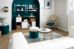 Miliboo Pouf|Pouf-Pouf design bicolore en tissu velours blanc crème et bleu paon D40 cm DAISY